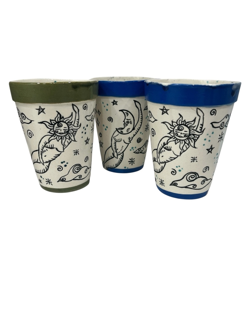 Boho Celestial Sun Moon Ceramic Tumbler Cup Set (3) Handmade artisan Blank